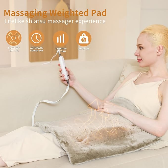 SAROO Heating Pad for Back Pain Relief,Massaging Weighted Heating Pads for Neck, Shoulder,Cramp,Portable Heated Pad with 3 Heat Settings & 6 Massage,18 Relaxing Combinations,Auto Off,12"*24",Camel