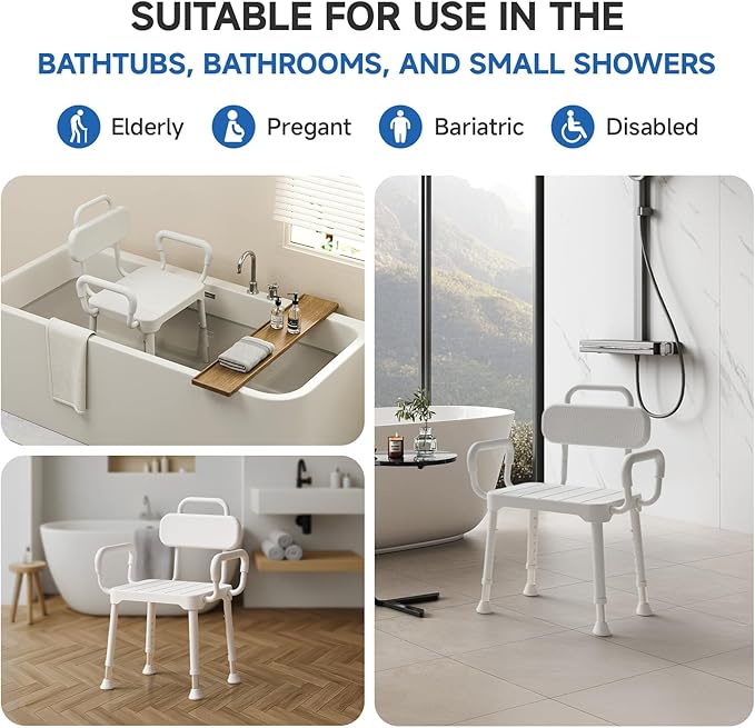 Loyoda Shower Chair for Inside Shower,Bath Chair with Arms and Back,Aluminum Shower Stool for Tub,Slip Resistant Shower Bench,Height-Adjustable Shower Seat with Handles for Seniors,Neutral Gray
