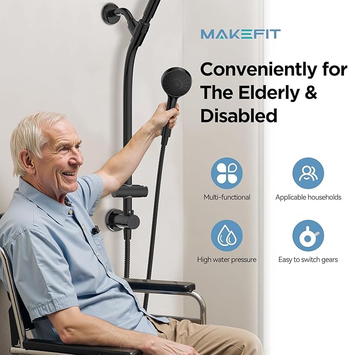MakeFit Drill-free Dual Shower Head with Handheld Combo Rainfall Shower Head Easy Reach 3-way Diverter Stainless Steel Slide Bar with Height Adjustable Holder Adjustable Rain Showerhead (Black)