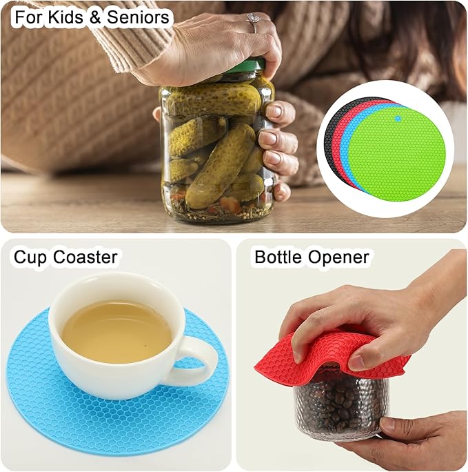 uxcell 4pcs Silicone Jar Opener Pads, 17.5cm/7" Texture Can Opener Multipurpose Round Bottle Lid Opener Non-Slip Coasters for Weak Hands Seniors Children, Red/Blue/Green/Black