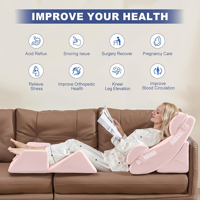 WSOFRLAC 6PCS Multi-Functional Bed Wedge Pillow Kit - 7-in-1 Orthopedic Support for Back/Neck/Legs, Post Surgery Recovery & Sitting Up in Bed, Post Surgery Foam for Body, Pink