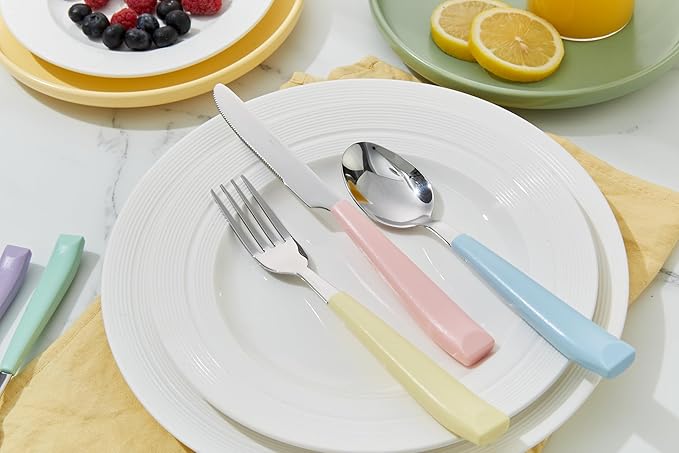 ANNOVA Silverware Set Stainless Steel Colorful Handle Tableware Kitchen Flatware Set Utensils, Includes Dinner Knives, Forks, Spoons, Salad Forks & Dessert Spoons (Pastel Mix, 20 Pieces)