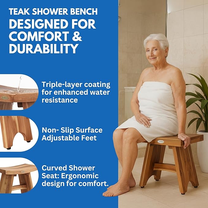 EcoDecors Teak Shower Bench 18", 300 lb Capacity – Waterproof Teak Bath Seat for Adults - Compact Spa Stool for Small Bathrooms & Walk-in Showers with Slip-Resistant Feet