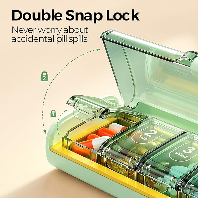Weekly Pill Organizer,Portable 7 Day Pill Box,Moisture Proof Medicine Pill Organizer,Travel Pill Case with BPA-Free Material,Pocket-Size for Supplements & Vitamins (Green)