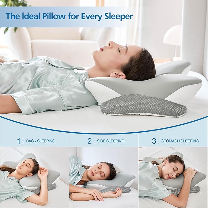 Krightlink Ergonomic Memory Foam Cervical Pillow for Neck Pain Relief - Contour Design with Dual Heights for Side/Back/Stomach Sleepers with Washable Breathable Pillowcas