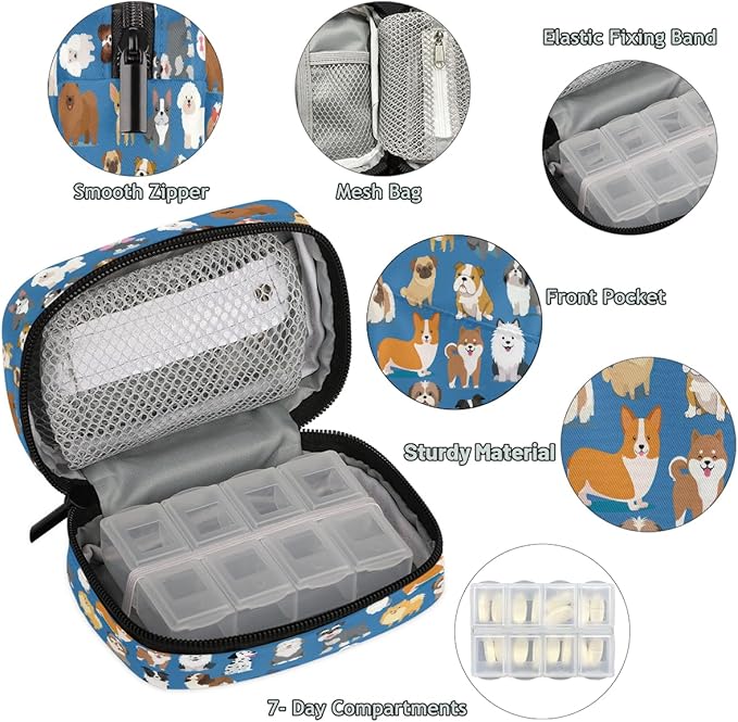 Pill Case Pill Travel Organizer 7 Day Weekly Medicine Pill Box Animal Dog Blue Small Cute Compact Size Vitamin Container Pill Bottle Portable Birth Control Pill Holder Bag with Zipper