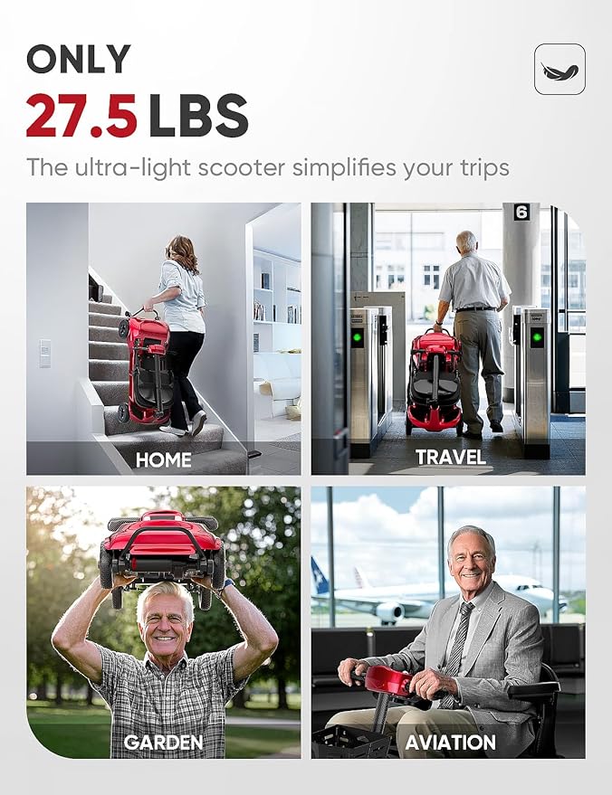 Mobility Scooters for Adults & Seniors - Ultra Lightweight 27.5 lbs Carbon Fiber Folding Electric Scooter - Airlines Approved All-Terrain Portable Scooter with Basket and Charger Included-Red