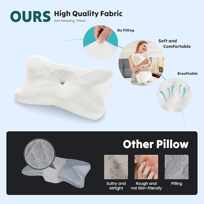 DUMOS Cervical Neck Pillow, Cooling Ergonomic Memory Foam Pillows for Neck Pain Relief with Breathable Pillowcase, Dual Height Orthopedic Support Contour Pillow for Side, Back, Stomach Sleepers, White