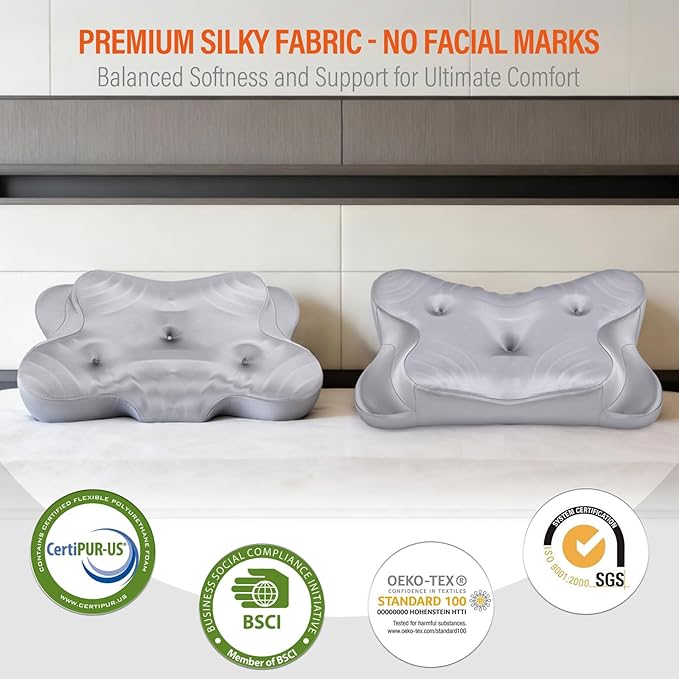 CCidea Dual Ear Relief Zone Contour Pillow, Ice Silk Satin Cervical Memory Foam Pillow for Sleeping, Ergonomic Neck Support for Side, Back & Stomach Sleepers