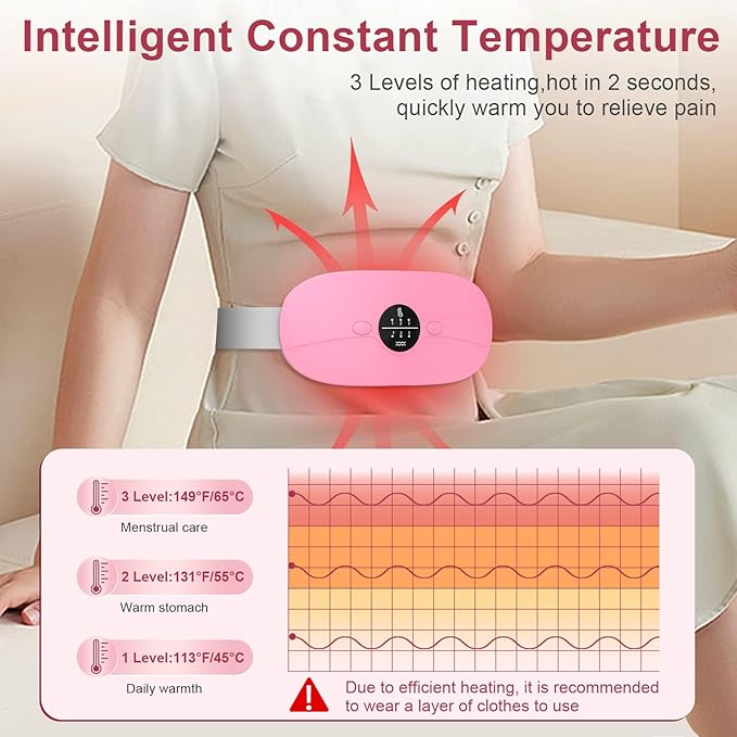Cordless Portable Heating Pad, 3 Heat & 3 Massage Modes Wearable Warming Belt, Electric Belly and Back Heat Pad for Women Comfort, Fast Heating Waist Wrap for Home Office, Pink