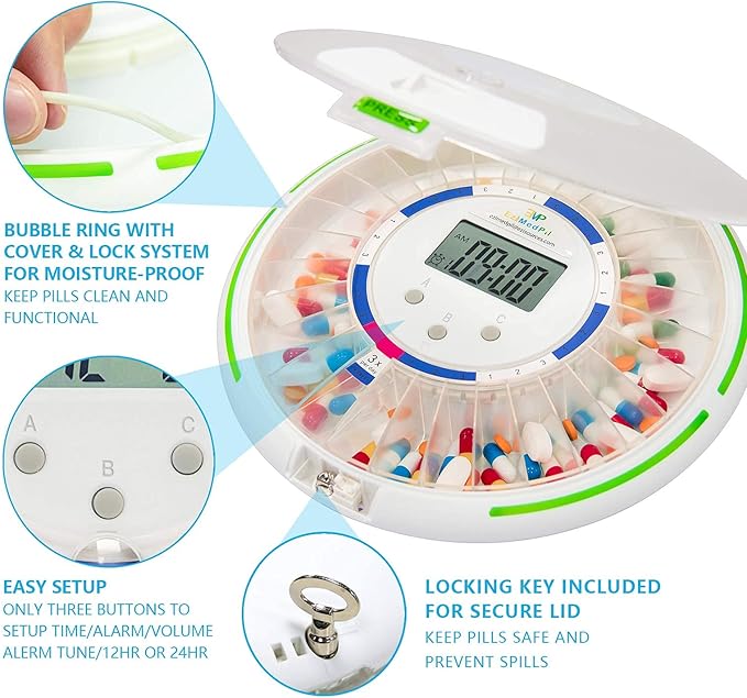 EziMedPil Automatic Pill Dispenser w/Audio & Visual Alerts, up to 6 Alarms/day, 6 Dosage Templates, Easy-Read LCD Display, Lock Medication Dispenser w/Key for Prescriptions, Vitamins & More, Clear Lid