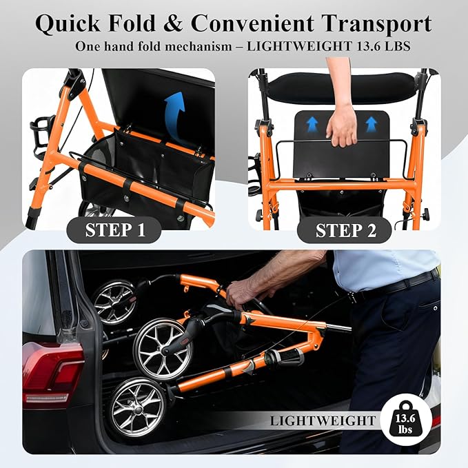 Cosydora Rollator Walkers for Seniors with Seat, 13.6 Lbs Ultra Lightweight Foldable Rolling Walker, 350Lbs Heavy Duty Aluminum, 8" All Terrain Wheels, Dual Adjustable Height, Light Orange