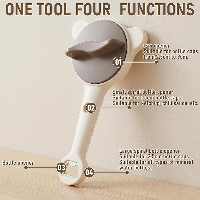 4-in-1 Strain Free Gripper Jar & Bottle Opener Easy Twist Can Opener for Tight Lids, Bottles, Ring Pull Cans for Weak Hands, Seniors, Arthritis