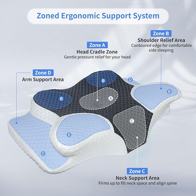 Cervical Neck Pillow for Pain Relief, Hollow Design Memory Foam Bed Pillow for Side & Back Sleepers, Ergonomic Orthopedic Bed Pillow with Adjustable Support (White with Black)