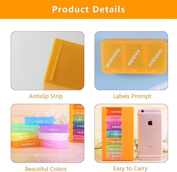 Pill Box 3 Times a Day Daily Pocket Pill Container Portable Travel Weekly Pill Organizer Stackable Pill Case for Vitamin, Fish Oils, Medication, Supplement