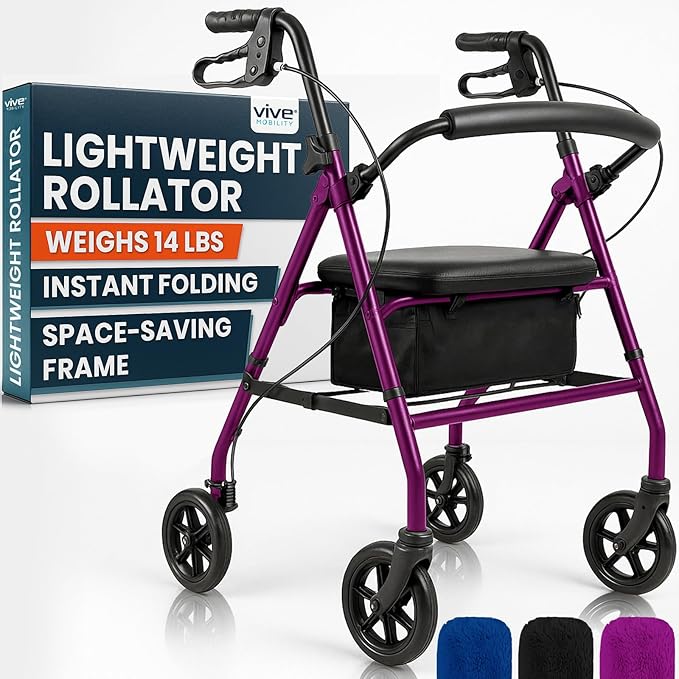 Vive Ultra Lightweight Rollator Walker with Seat - Foldable, Narrow, Rolling Senior Walker for Small Spaces - 4 Wheel Aluminum Adult Easy Drive Aid with Underseat Accessory
