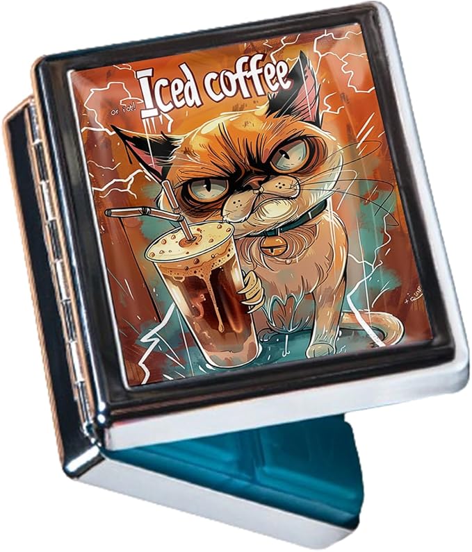 Metal Pill Organizer Box with Mirror – 8 Compartment Chrome Pill Case, Pocket-Size Travel Pill Container for Vitamins, Seniors, Daily Use (Grumpy Cat Iced Coffee)