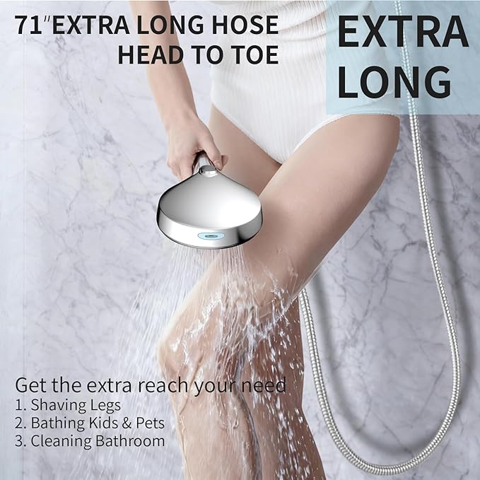 Shower Head with Handheld, 8-Mode High Pressure Shower Head with 71" Extra Long Stainless Steel Hose & Adjustable Bracket, Built-in Power Wash to Clean Tub, Tile & Pets, Chrome Finish