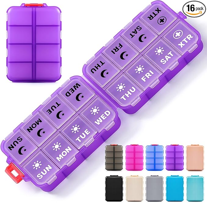Foldable Weekly Pill Organizer 2 Times a Day with 2 Extra Compartments (Clear Printed Labels) - 7 Day AM PM Medicine Box, Week Daily Travel Pill Case Holder for Vitamin, Supplement - Clear Purple