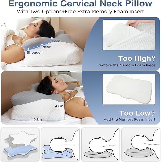Cervical Neck Pillow for Sleeping, Adjustable Ergonomic Pillow, Contour Neck Support Side Sleeper Pillows for Adults, Memory Foam Bed Pillow for Neck and Shoulder Pain Relief, Back,Stomach Sleeper