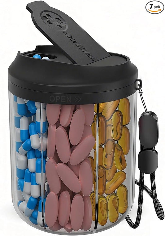 Hionxmga Pill Dispenser with 7 Large Compartments, Pill Organizer for Travel, Supplement Organizer with Anti-Mixing Design, BPA-Free Pill Container with 20 Pcs Labels, Black