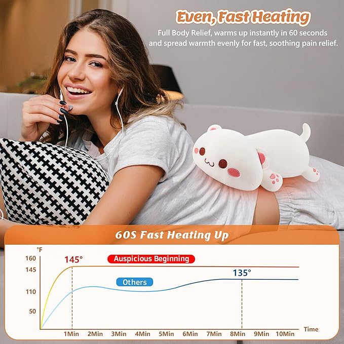 Electric Heating Pad for Period Cramps, Cuddly Kawaii 14'' White Cat Plush with a Hot Soft Belly USB Powered, Menstrual Heating Pad Neck Shoulder Pain Relief, Gift for Daughter Wife Period Heating Pad