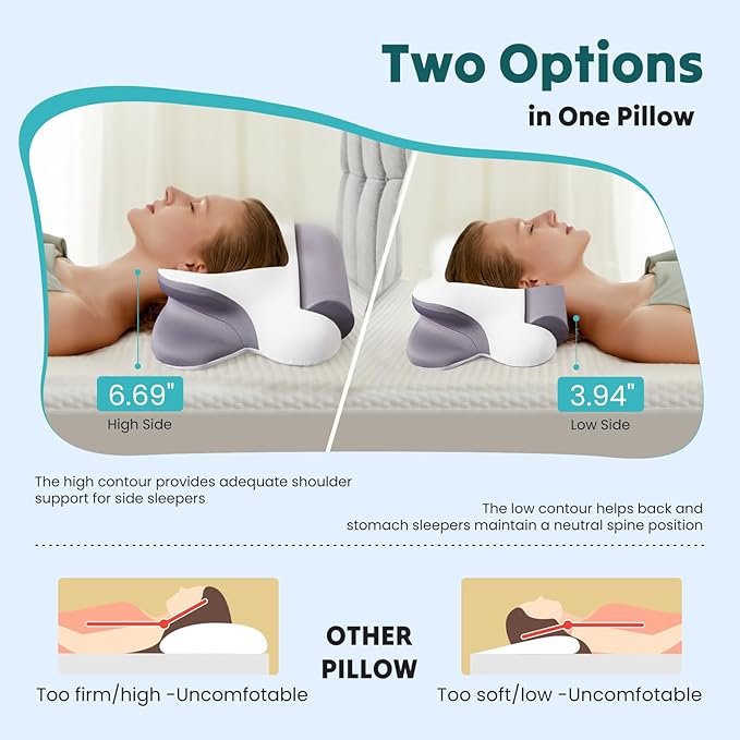 DUMOS Cervical Neck Pillow for Sleeping, Cooling Ergonomic Memory Foam Pillow with Arm Rest Slot and Ice Silk Pillowcase, Dual Height Orthopedic Support Contour for Side, Back, Stomach Sleepers