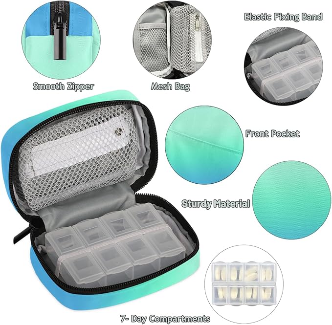 Weekly Travel Pill Organizer Case for Purse with Removable 7 Day Box Portable Compact Size Pill Box Fashionable Pill Container for Medicine Vitamin Supplement Teal Blue