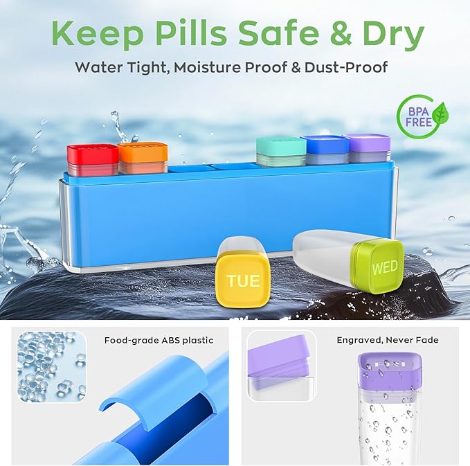 Weekly Pill Organizer 1 Time a Day, HIONXMGA Detachable Travel Pill Box 7 Day, Large Medicine Pill Case Container for Daily Medication Vitamin Supplement Fish Oil, Portable Week Pills Holder, Blue