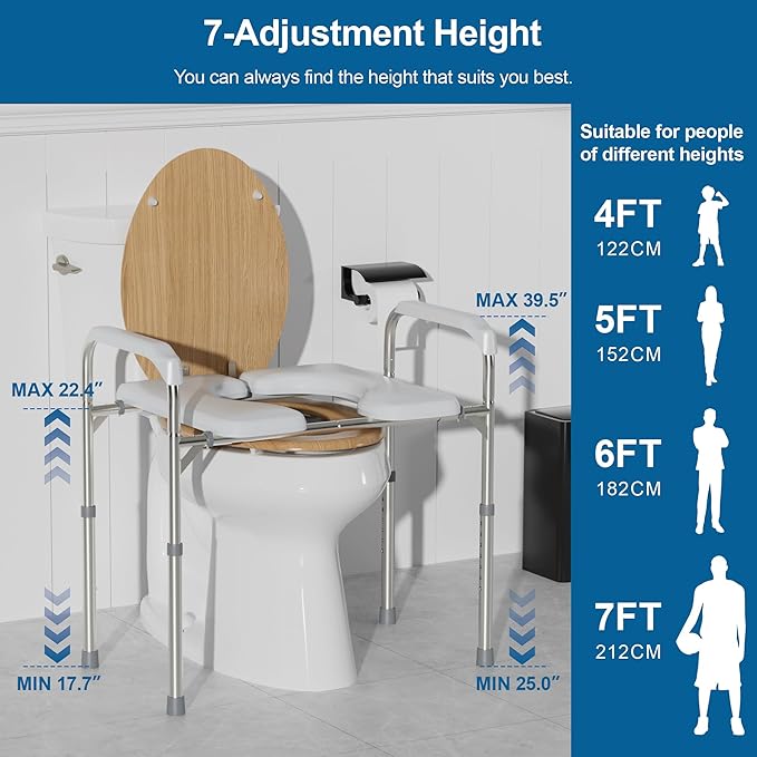 Raised Toilet Seat with Handles, Heavy Duty Toilet Seat Riser for Seniors with Height Adjustable, up to 450lbs, Toilet Chair for Elderly, Pregnant and Handicap, Fit Any Toilet, White
