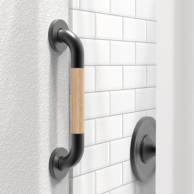 Safety Grab Bar for Bathroom & Toilet, Natural Bamboo Handle, ADA Compliant Balance Assist Handrail for Handicap and Seniors, 12in Matte Black