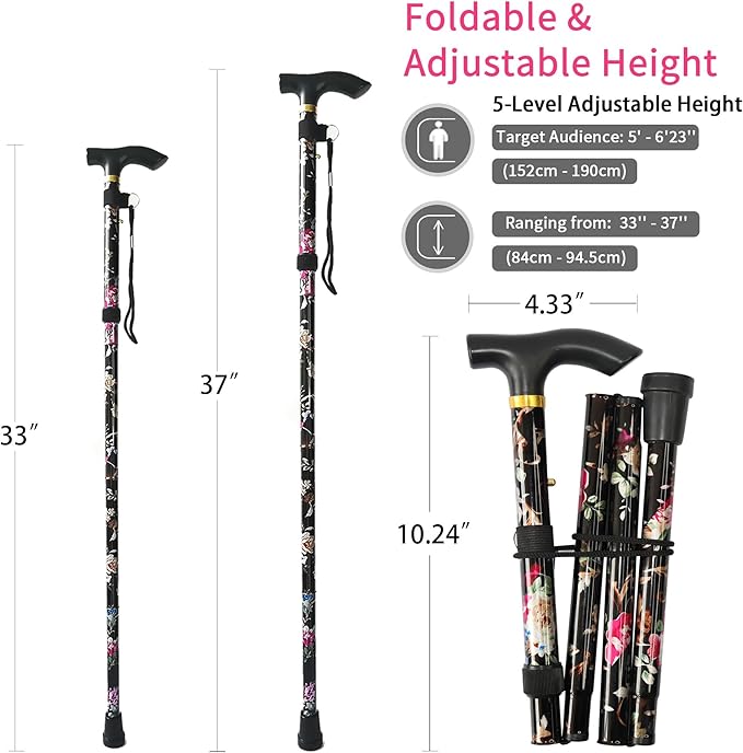 Folding Cane, 5-Level Adjustable Height Lightweight Portable Foldable Walking Canes with Wrist Strap and T Handle for Men Women Seniors
