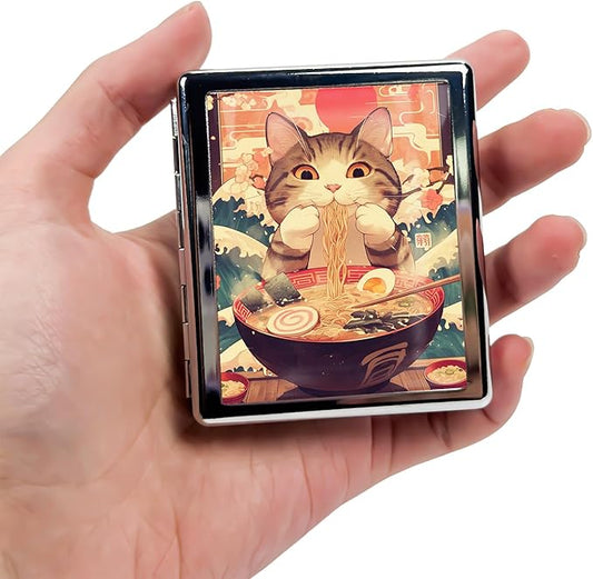 8‑Compartment Metal Pill Box Organizer – Portable Medicine Case 3″×2.6″ | Food‑Grade Dividers | Secure Snap Button Lid | Travel & Gift for Seniors (Ramen Kitty Feast)