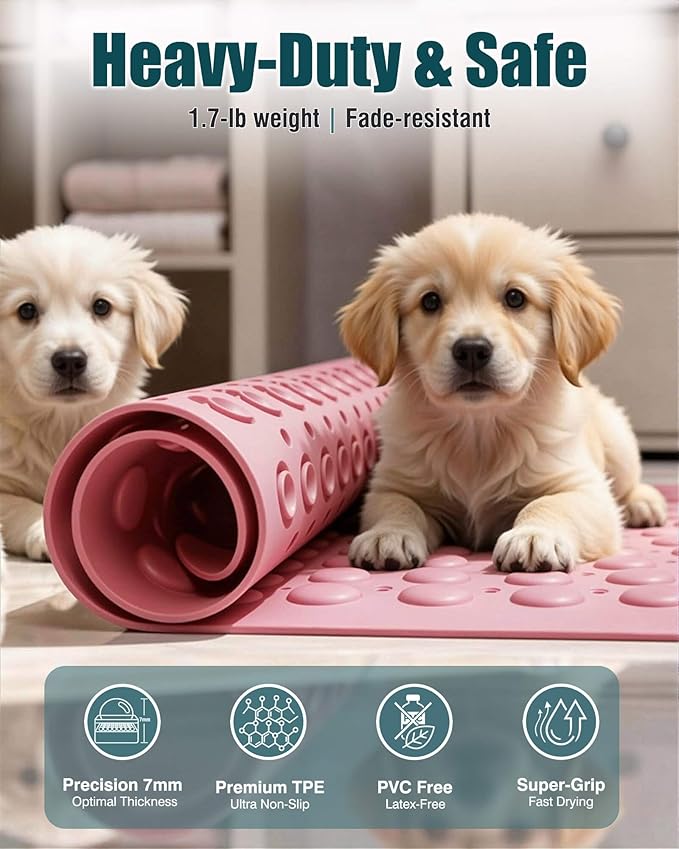 7mm Extra Thick TPE Bath Mat, Non-Slip Shower Mat for Bathroom and Tub, 28x16 Inch with Drainage Holes and Stability Grip, Machine Washable, Dusty Blossom Pink