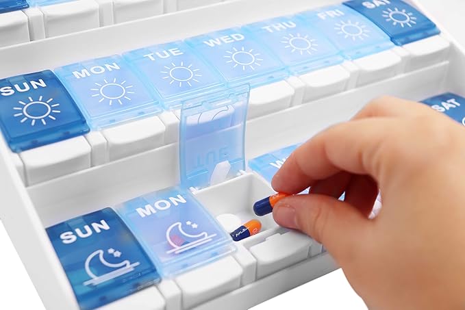 KMINA Extra Large Pill Organizer 3 Times a Day, Weekly Medicine, 7 Day Pills Box Case with Push Button for Big Vitamin Supplements, Patented, Made in Europe