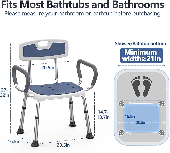 Shower Chair for Elderly and Disabled (450 lbs) Adjustable Height Shower Seat for Inside Shower with Padded Wide Arms & Back, Heavy Duty Medical Bathtub Stool for Women Seniors Handicap