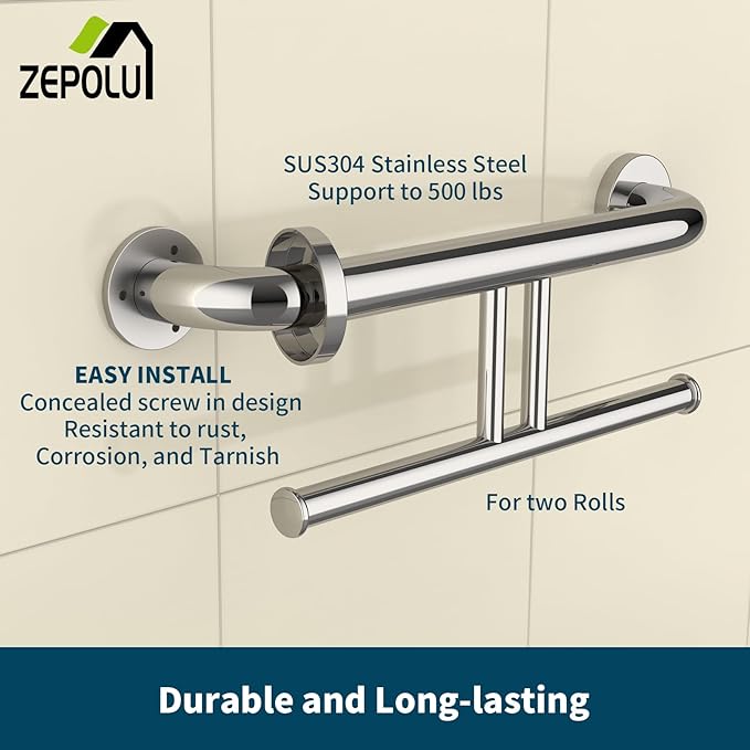 Polished Chrome Grab Bar for Bathroom 17 Inch, Zepolu Stainless Steel 2-in-1 Safety Handrail w/Double Toilet Paper Holder, Wall Mounted Balanced Support Bar Assist Handle for Senior Elderly Handicap