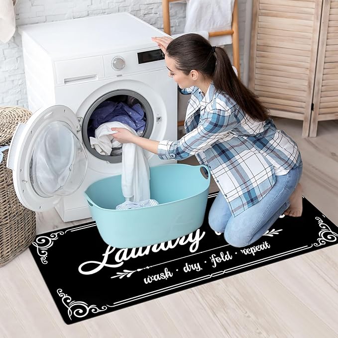 Laundry Room Rug Runner, 17.7"x45" Non Slip Black Laundry Rugs, Farmhouse Washable Floor Laundry Mats for Laundry Room, Mudroom, Kitchen, Washroom, Bathroom, Hallway Entryway Area Rugs Decor