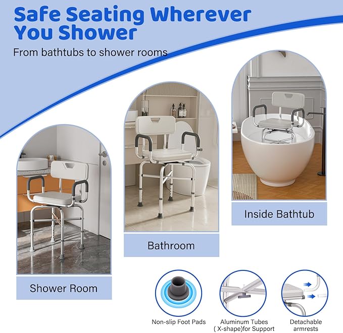360° Swivel Shower Chair for Inside Shower,500lbs Swivel Shower Chair with Arms andBack, Adjustable Height Shower Chair forElderly and Disabled with Stable Non-SlipDesign Bathroom Tub Stool