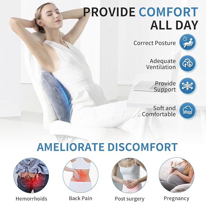 Lumbar Support Pillow for Car, Memory Foam Back Support Lumbar Pillow for Car, Gaming, Office Chair, Ergonomic for Lower Back Pain Relief, Comfortable and Soft Fabric, Crey