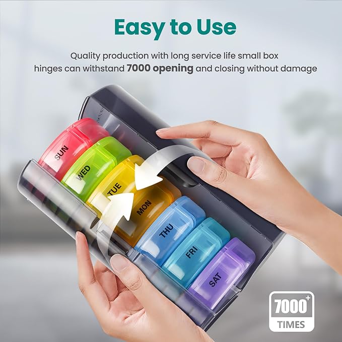 Sukuos Large Weekly Pill Organizer 2 Times a Day, Daily Pill Box 7 Day Easy to Open with Double Protection, AM PM Pill Case for Medicine/Vitamin/Fish Oil/Supplements
