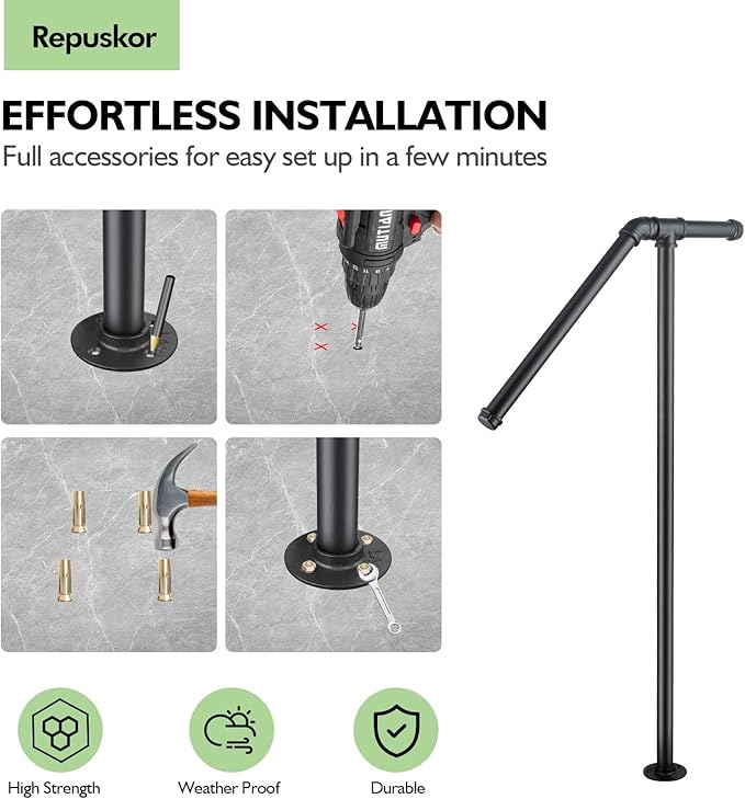 Single Post Handrail for Outdoor Steps - 41" Height Black Powder Coated Steel, DIY Tool Kit Included, Fits 1 or 2 Steps, Easy Installation & Corrosion Resistant