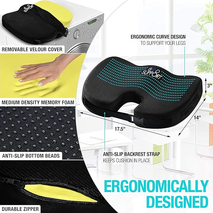Seat Cushions for Office Chairs with Lumbar Support, Desk Chairs, and Car Seats - Adjustable Straps and Non-Slip Ergonomic Design for Tailbone and Lower Back Pain Relief for All Day Use