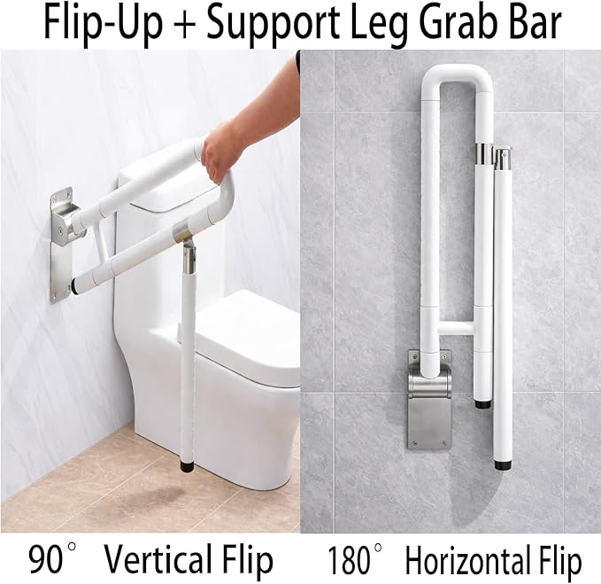 23.6" Flip-Up Toilet Grab Bar with Support Leg, Stainless Steel Bathroom Safety Rail for Elderly & Disabled, Folding Handicap Grab Bar Wall Mounted Assist Handle for Toilet, Shower & Bathtub