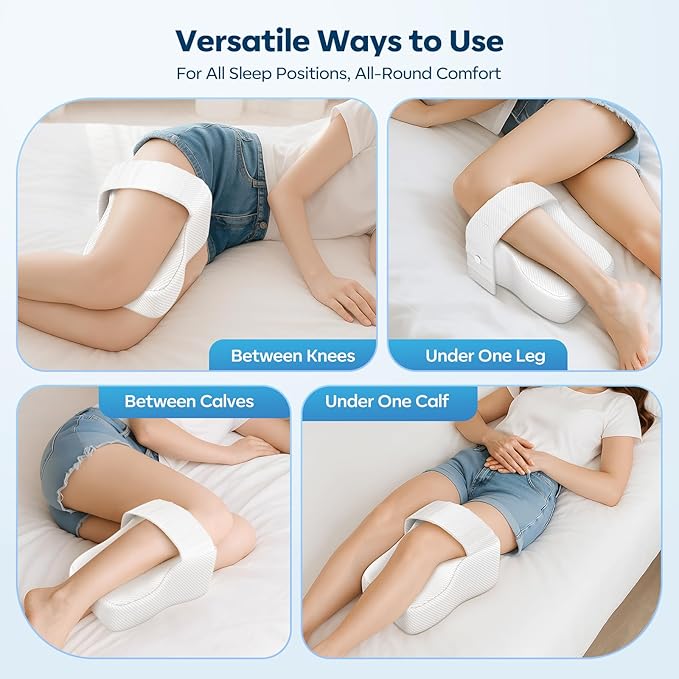 Ergonomic Knee Pillow with Adjustable Strap, Memory Foam Leg Spacer for Side Sleepers, Comfortable Bed Cushion, White