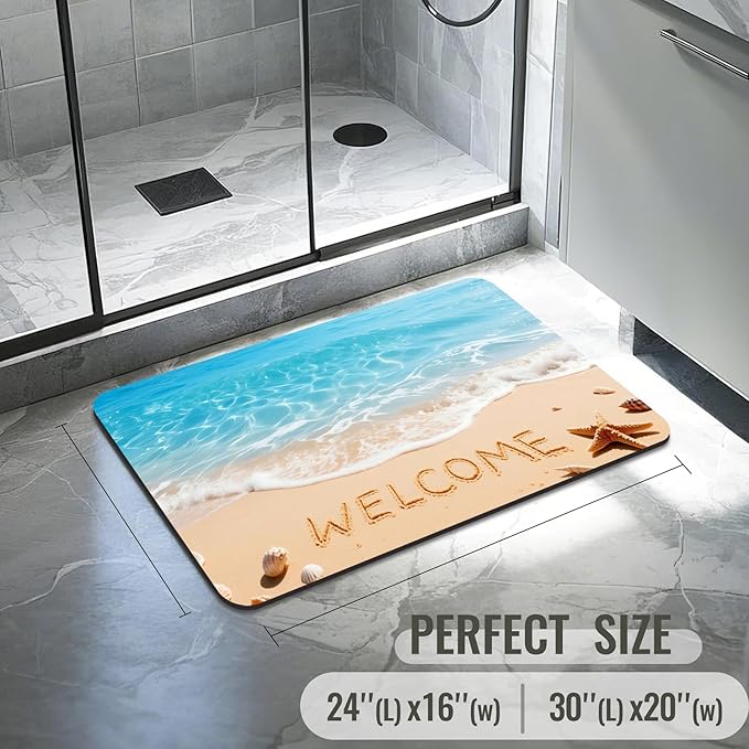 Quick Dry Bath Mat for Bathroom,Super Absorbent Beach Welcome Bath Rug Non-Slip Rubber Backing,Machine Washable Bathroom Floor Mat for Shower, Tub, Sink Area Ocean Blue 16x24