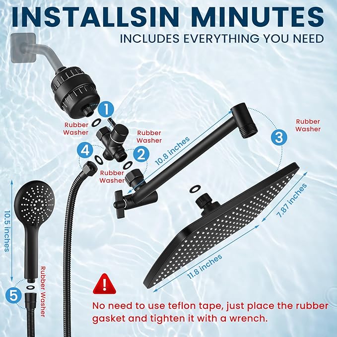 Filtered Shower Head with Handheld Combo,11.8 Inch Large Rectangular Black Rain Shower Head with 5 Modes Handheld Spray Combo,Adjustable Double Shower Heads with Holder and 11'' Extension Arm