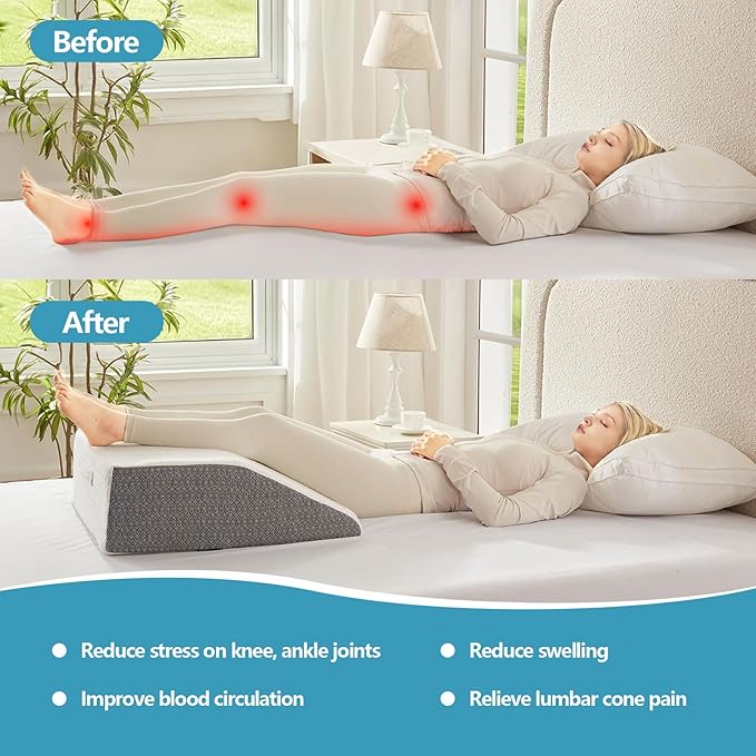 Nordjager Leg Pillow for Elevation & Support, 24"x22"x6" Memory Foam Cushion with Grey White Patterned Polyester Cover, Ideal for Improving Circulation & Relaxing Leg