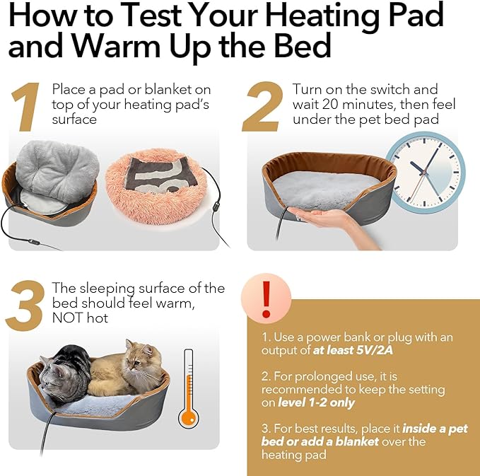 USB Pet Heating Pad with Washable Cover, 5-Temp & Timer – Turn Any Bed Heated, 140°F Auto Shut-Off, 5V Safe Warmer for Cats & Dogs Indoor/Outdoor, Power Bank/Wall/Car Powered (14"x14")