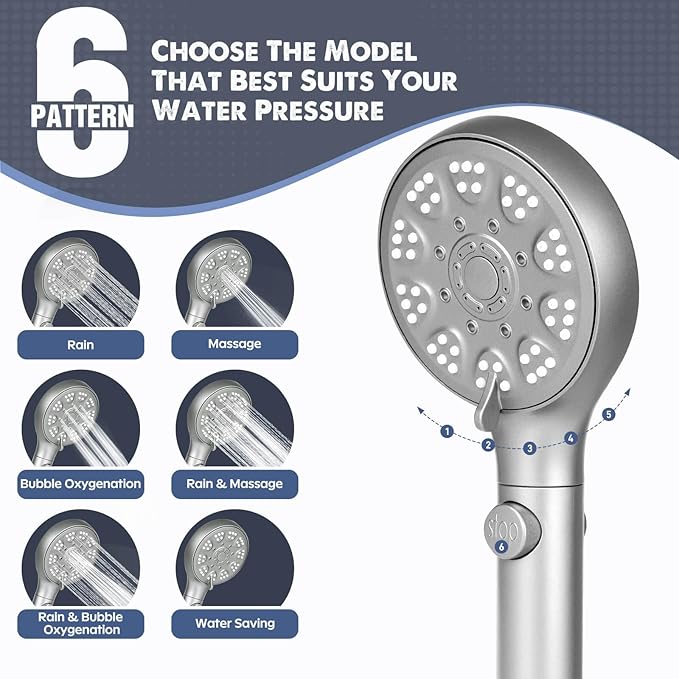 Shower Head with Handheld, High Pressure 5 Modes Water Saving Handheld Shower Head, One Button Water Stop, with 6-inch Extra Long Stainless Steel Hose and Adjustable Mounting Holder, Silver